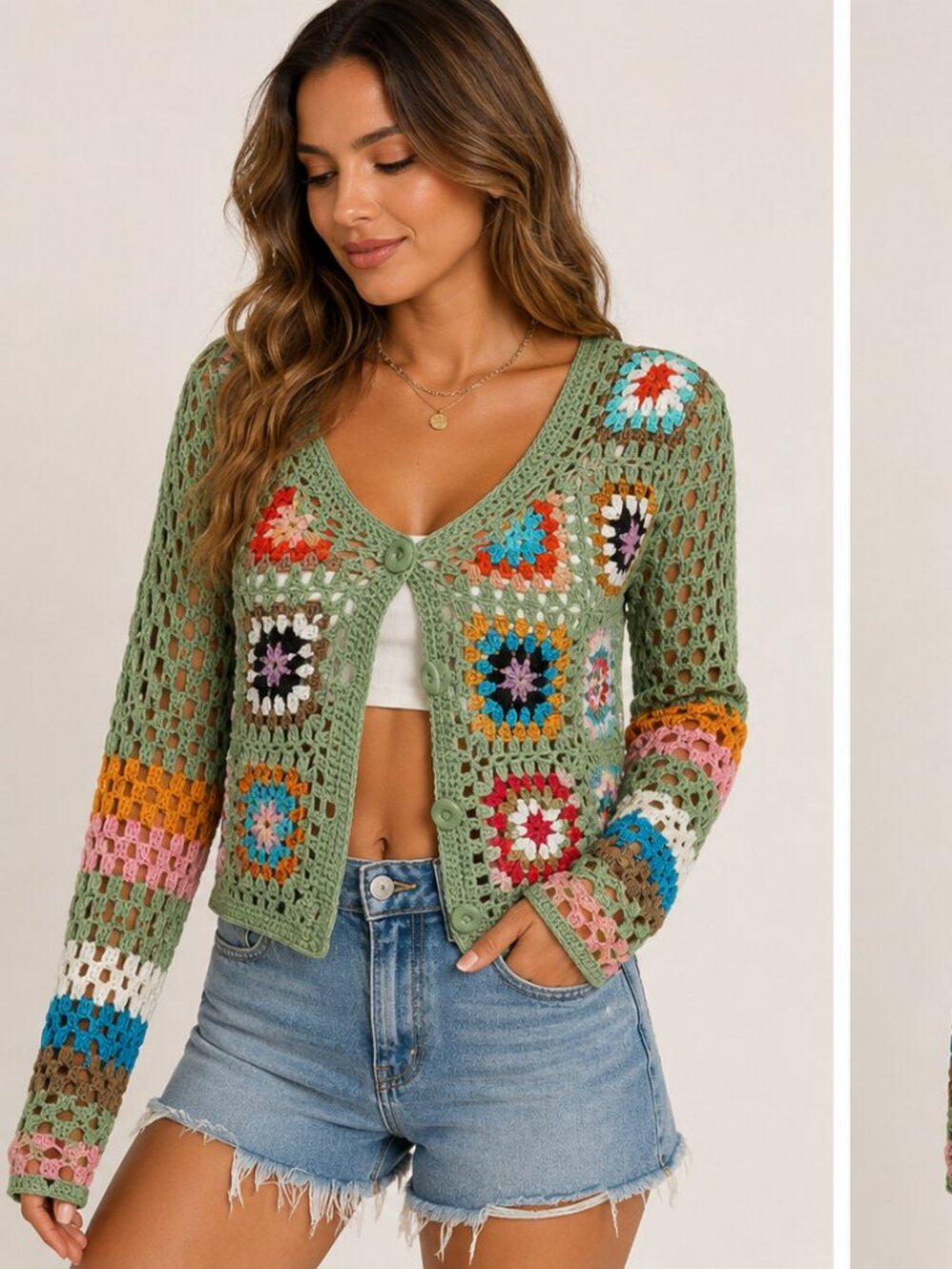 MakeMeChic Boho Crochet Granny Square Cardigan Sage Green Size S